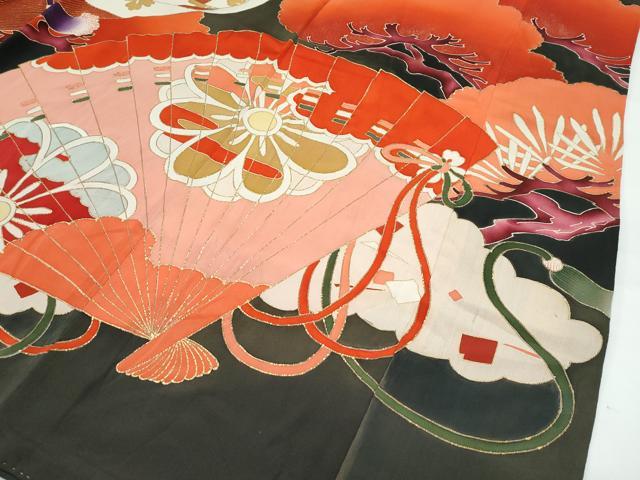 平和屋着物●極上　アンティーク　大正ロマン　振袖　駒刺繍　檜扇花松文　黒地　金彩　逸品　CZAA4774s6