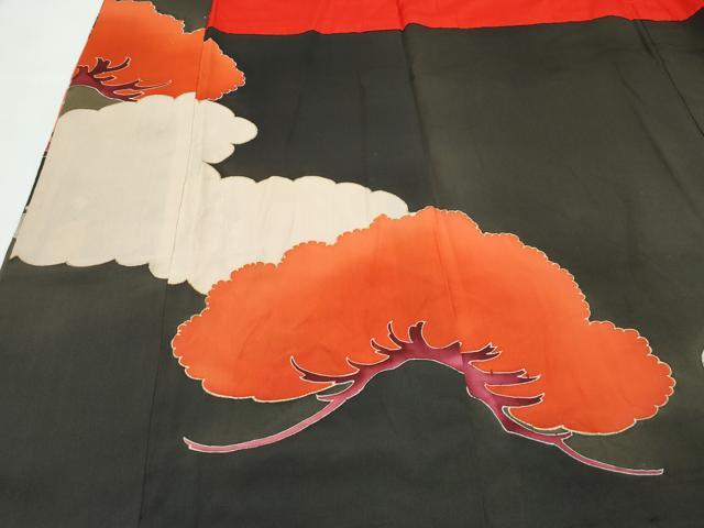 平和屋着物●極上　アンティーク　大正ロマン　振袖　駒刺繍　檜扇花松文　黒地　金彩　逸品　CZAA4774s6
