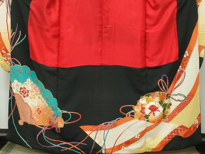 平和屋着物●極上　アンティーク　大正ロマン　振袖　駒刺繍　檜扇吉祥花文　暈し染め　金彩　逸品　CZAA4775s6