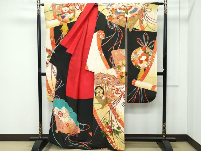 平和屋着物●極上　アンティーク　大正ロマン　振袖　駒刺繍　檜扇吉祥花文　暈し染め　金彩　逸品　CZAA4775s6