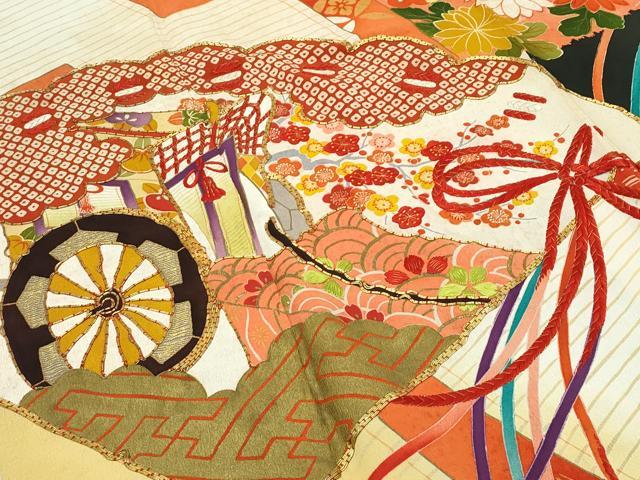 平和屋着物●極上　アンティーク　大正ロマン　振袖　駒刺繍　檜扇吉祥花文　暈し染め　金彩　逸品　CZAA4775s6