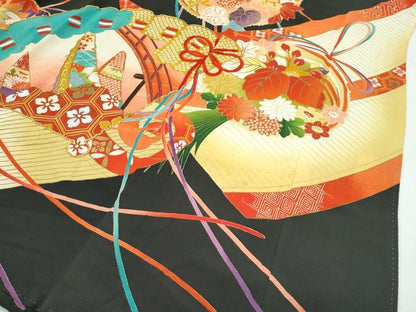 平和屋着物●極上　アンティーク　大正ロマン　振袖　駒刺繍　檜扇吉祥花文　暈し染め　金彩　逸品　CZAA4775s6