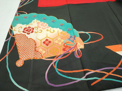 平和屋着物●極上　アンティーク　大正ロマン　振袖　駒刺繍　檜扇吉祥花文　暈し染め　金彩　逸品　CZAA4775s6