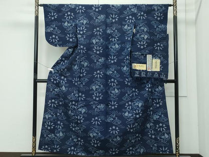 平和屋本店●極上 人間国宝 重要無形文化財保持者 森山虎雄 正藍絣森山 天然藍染 久留米絣 単衣 扇面立波舞蝶文 証紙付 綿 逸品 CZAA4788s6