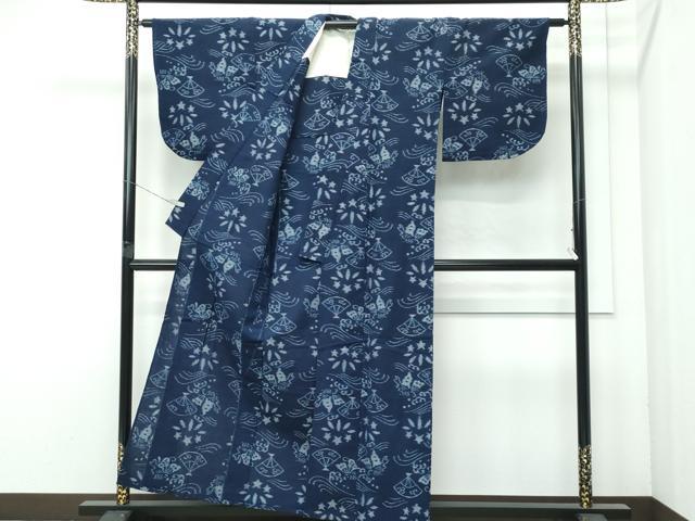 平和屋本店●極上 人間国宝 重要無形文化財保持者 森山虎雄 正藍絣森山 天然藍染 久留米絣 単衣 扇面立波舞蝶文 証紙付 綿 逸品 CZAA4788s6