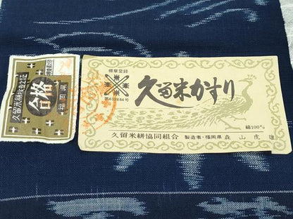 平和屋本店●極上 人間国宝 重要無形文化財保持者 森山虎雄 正藍絣森山 天然藍染 久留米絣 単衣 扇面立波舞蝶文 証紙付 綿 逸品 CZAA4788s6