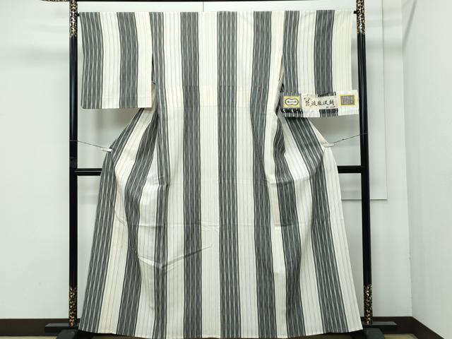 平和屋着物▽極上 筬波塩沢絣 単衣 白新染織 縞 証紙付き 逸品 CZAA4789s6