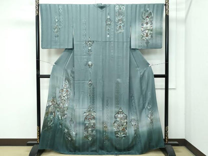 平和屋本店●極上　訪問着　総刺繍　翆山刺繍　飾花文　暈し染め　金糸　柳煤竹色地　逸品　CZAA4799s6