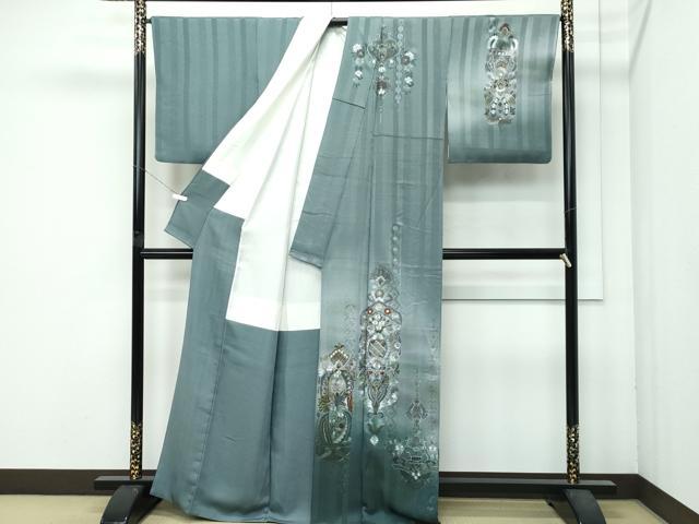 平和屋本店●極上　訪問着　総刺繍　翆山刺繍　飾花文　暈し染め　金糸　柳煤竹色地　逸品　CZAA4799s6