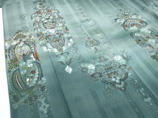 平和屋本店●極上　訪問着　総刺繍　翆山刺繍　飾花文　暈し染め　金糸　柳煤竹色地　逸品　CZAA4799s6