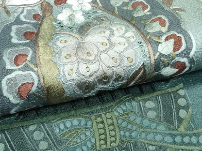 平和屋本店●極上　訪問着　総刺繍　翆山刺繍　飾花文　暈し染め　金糸　柳煤竹色地　逸品　CZAA4799s6
