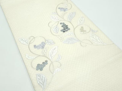 平和屋着物●極上　太鼓柄袋帯　総刺繍　ラインストーン　葡萄唐草文　銀通し地　逸品　未使用　CZAA4813s6