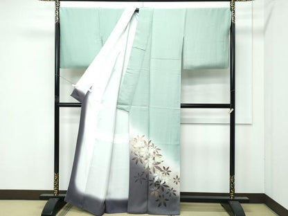 平和屋着物●極上　染色作家　草野一騎　訪問着　舞花文　暈し染め　山葵色地　逸品　CZAA4824s6