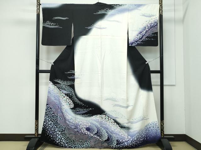平和屋着物●極上　訪問着　舞花霞文　暈し染め　黒地　反端付き　逸品　未使用　CZAA4830s6