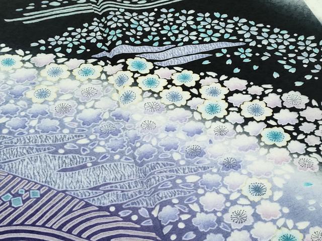平和屋着物●極上　訪問着　舞花霞文　暈し染め　黒地　反端付き　逸品　未使用　CZAA4830s6