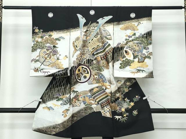平和屋着物[]極上　男の子　祝着　産着　初着　のしめ　長襦袢セット　お宮詣り　兜　龍　黒地　金彩　逸品　CZAA4831s6