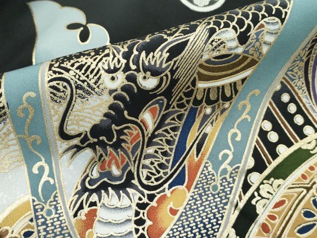 平和屋着物[]極上　男の子　祝着　産着　初着　のしめ　長襦袢セット　お宮詣り　兜　龍　黒地　金彩　逸品　CZAA4831s6
