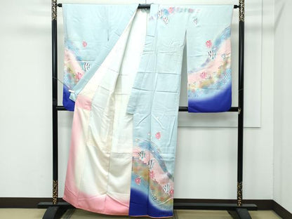 平和屋着物●極上　振袖　魚　メロディー　暈し染め　青磁鼠色地　逸品　CZAA4833s6