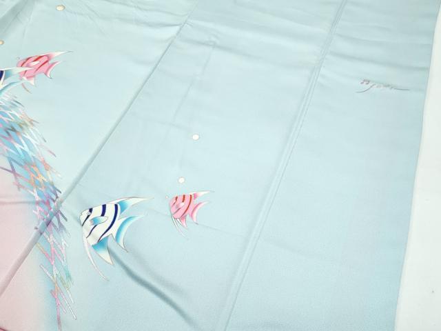 平和屋着物●極上　振袖　魚　メロディー　暈し染め　青磁鼠色地　逸品　CZAA4833s6