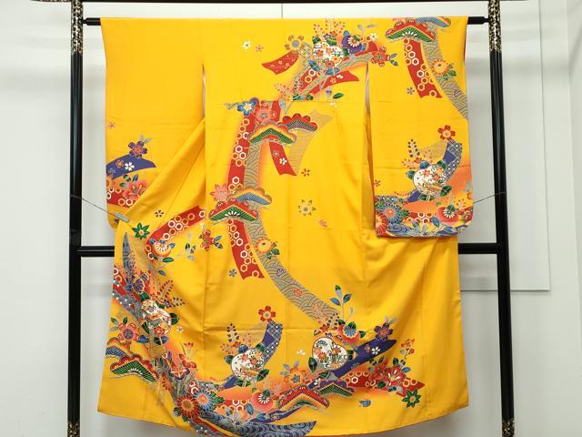 平和屋着物[]極上　七五三　女の子　7歳　祝着　型染め　草花風景文　暈し染め　柑子色地　逸品　CZAA4835s6