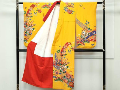 平和屋着物[]極上　七五三　女の子　7歳　祝着　型染め　草花風景文　暈し染め　柑子色地　逸品　CZAA4835s6
