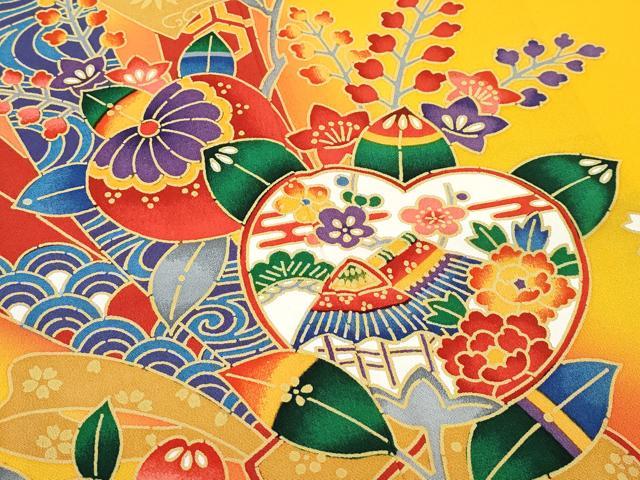 平和屋着物[]極上　七五三　女の子　7歳　祝着　型染め　草花風景文　暈し染め　柑子色地　逸品　CZAA4835s6