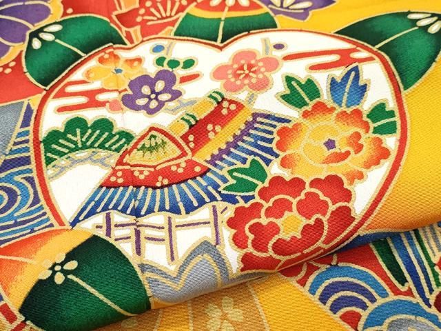 平和屋着物[]極上　七五三　女の子　7歳　祝着　型染め　草花風景文　暈し染め　柑子色地　逸品　CZAA4835s6