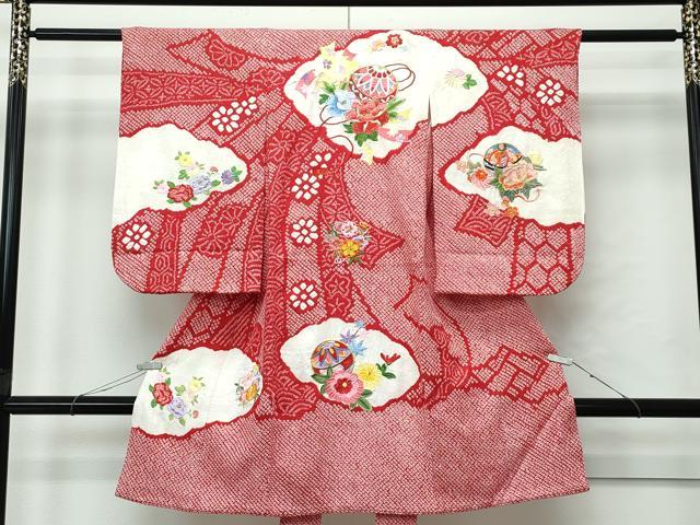 平和屋着物[]極上　女の子　祝着　産着　初着　のしめ　お宮詣り　総刺繍　絞り　雲取り花毬文　金糸　逸品　CZAA4838s6