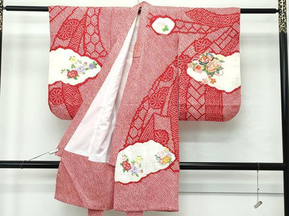 平和屋着物[]極上　女の子　祝着　産着　初着　のしめ　お宮詣り　総刺繍　絞り　雲取り花毬文　金糸　逸品　CZAA4838s6