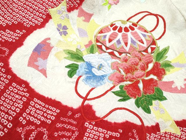 平和屋着物[]極上　女の子　祝着　産着　初着　のしめ　お宮詣り　総刺繍　絞り　雲取り花毬文　金糸　逸品　CZAA4838s6