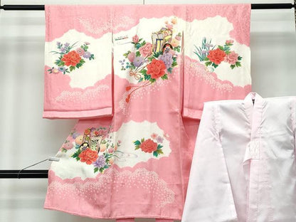 平和屋着物[]極上 女の子 祝着 産着 初着 長襦袢セット のしめ お宮詣り 駒刺繍 絞り 御所車花文 金彩 洗朱色地 逸品 未使用 CZAA4839s6