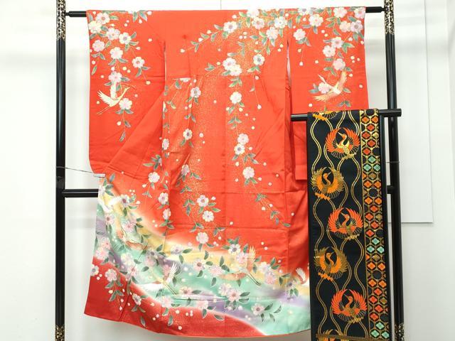 平和屋着物[]極上　七五三　女の子　7歳　祝着・袋帯セット　辻が花　飛鶴文　暈し染め　金彩　緋色地　逸品　CZAA4841s6