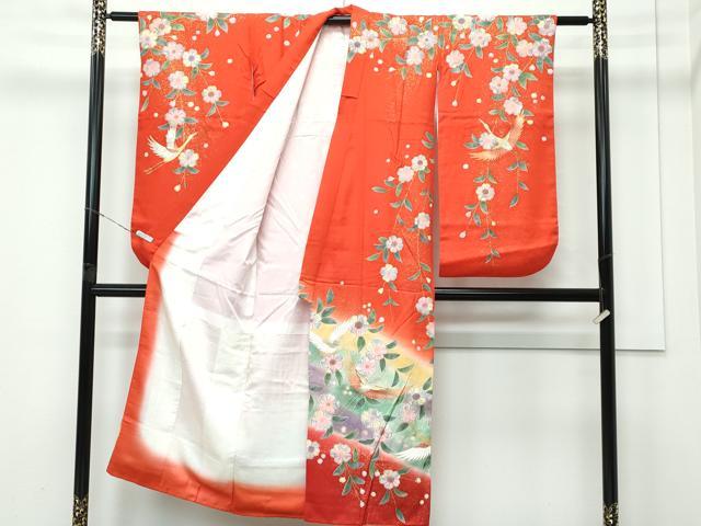 平和屋着物[]極上　七五三　女の子　7歳　祝着・袋帯セット　辻が花　飛鶴文　暈し染め　金彩　緋色地　逸品　CZAA4841s6