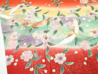 平和屋着物[]極上　七五三　女の子　7歳　祝着・袋帯セット　辻が花　飛鶴文　暈し染め　金彩　緋色地　逸品　CZAA4841s6