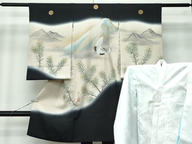 平和屋着物[]極上　男の子　祝着　産着　初着　のしめ　長襦袢セット　お宮詣り　遠山飛鶴松文　暈し染め　黒地　金彩　逸品　CZAA4845s6