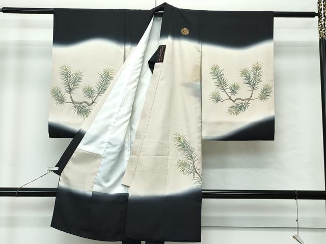 平和屋着物[]極上　男の子　祝着　産着　初着　のしめ　長襦袢セット　お宮詣り　遠山飛鶴松文　暈し染め　黒地　金彩　逸品　CZAA4845s6