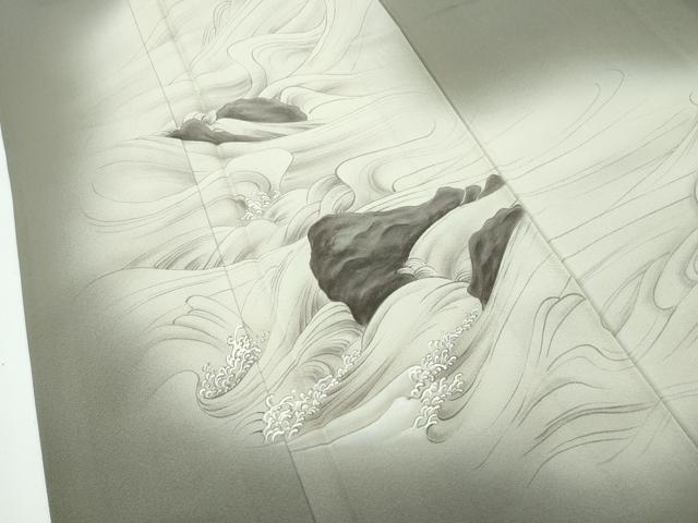 平和屋着物▽極上　訪問着　単衣　作家物　手描き　立波文　暈し染め　利休色地　井筒屋謹製　逸品　CZAA4850s6 平和屋着物▽極上 訪問着 単衣 作家物 手描き 立波文 暈し