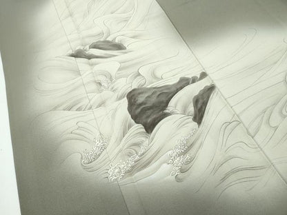 平和屋着物▽極上 訪問着 単衣 作家物 手描き 立波文 暈し染め 利休色地 井筒屋謹製 逸品 CZAA4850s6