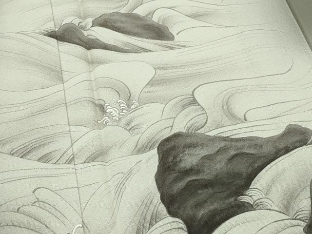 平和屋着物▽極上　訪問着　単衣　作家物　手描き　立波文　暈し染め　利休色地　井筒屋謹製　逸品　CZAA4850s6 平和屋着物▽極上 訪問着 単衣 作家物 手描き 立波文 暈し