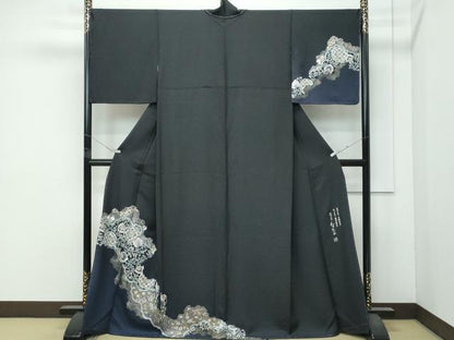平和屋本店●極上　金彩友禅　卓越技能者・名工・和田光正　訪問着　道長草花文　黒地　金銀彩　逸品　未使用　CZAA4871s6