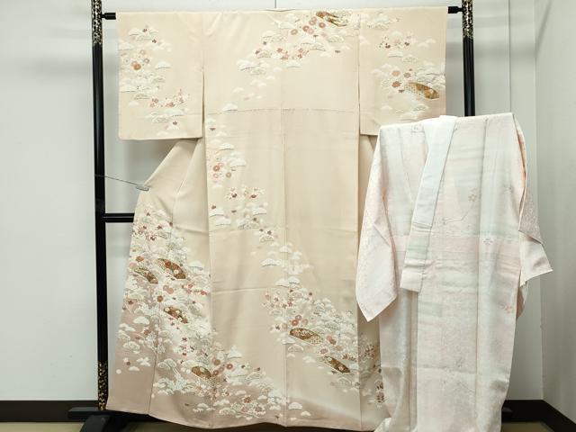 平和屋本店●極上 訪問着・長襦袢セット 駒刺繍 松竹梅文箱花文 暈し染め 金彩 丁子色地 逸品 CZAA4878s6