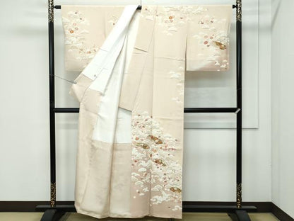 平和屋本店●極上 訪問着・長襦袢セット 駒刺繍 松竹梅文箱花文 暈し染め 金彩 丁子色地 逸品 CZAA4878s6
