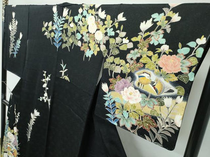 平和屋本店●極上　訪問着　総刺繍　鴛鴦草花文　暈し染め　黒地　金彩　逸品　未使用　CZAA4886s6