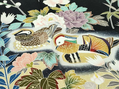 平和屋本店●極上　訪問着　総刺繍　鴛鴦草花文　暈し染め　黒地　金彩　逸品　未使用　CZAA4886s6