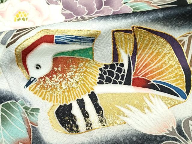 平和屋本店●極上　訪問着　総刺繍　鴛鴦草花文　暈し染め　黒地　金彩　逸品　未使用　CZAA4886s6
