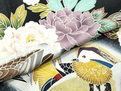 平和屋本店●極上　訪問着　総刺繍　鴛鴦草花文　暈し染め　黒地　金彩　逸品　未使用　CZAA4886s6
