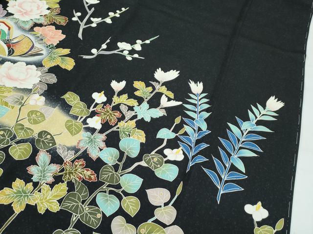 平和屋本店●極上　訪問着　総刺繍　鴛鴦草花文　暈し染め　黒地　金彩　逸品　未使用　CZAA4886s6