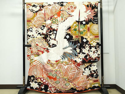 平和屋本店●極上　アンティーク　大正ロマン　振袖　駒刺繍　中国三大刺繍　相良刺繍　飛鶴梅松文　黒地　金銀彩　逸品　CZAA4903s6