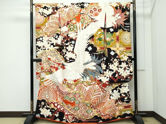 平和屋本店●極上　アンティーク　大正ロマン　振袖　駒刺繍　中国三大刺繍　相良刺繍　飛鶴梅松文　黒地　金銀彩　逸品　CZAA4903s6