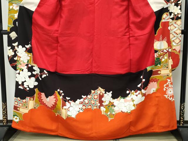 平和屋本店●極上　アンティーク　大正ロマン　振袖　駒刺繍　中国三大刺繍　相良刺繍　飛鶴梅松文　黒地　金銀彩　逸品　CZAA4903s6